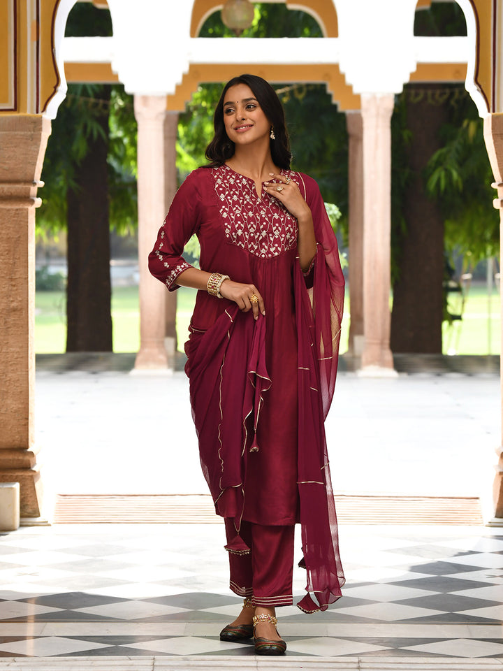 Wine Embroidered Kurta Pant  Set With Dupatta