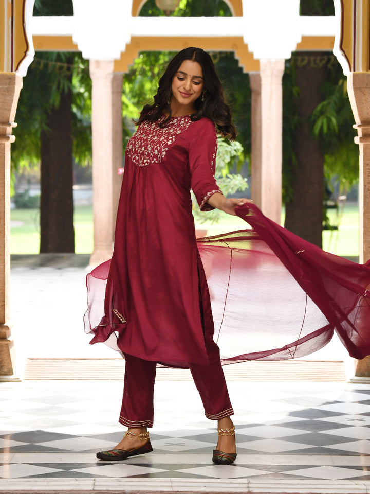 Wine Embroidered Kurta Pant  Set With Dupatta