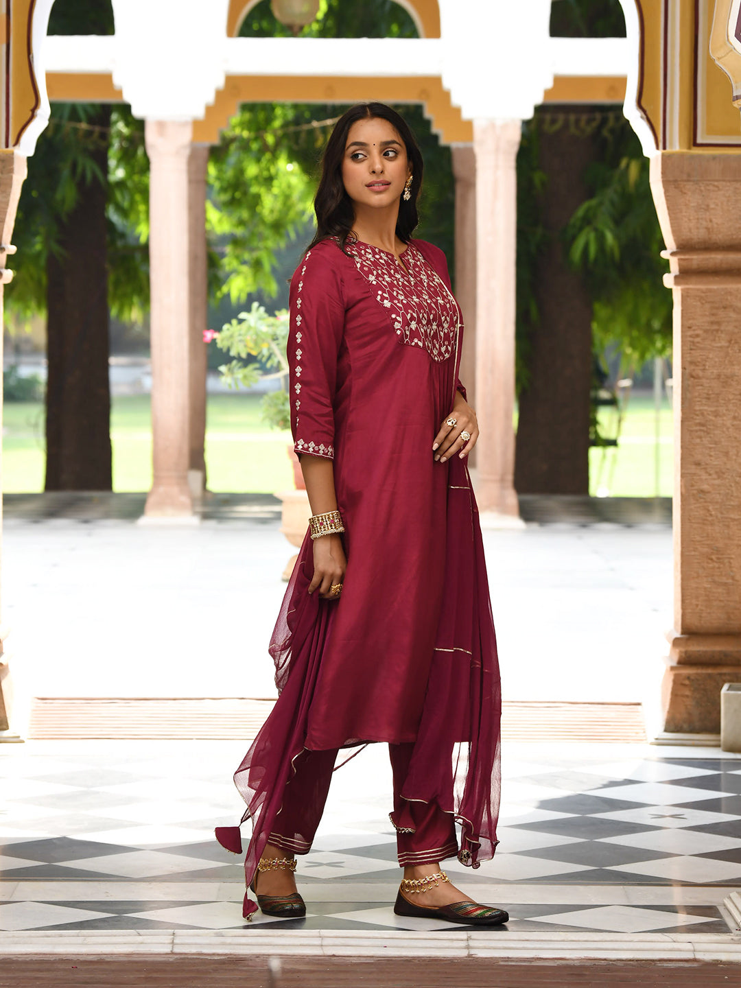 Wine Embroidered Kurta Pant  Set With Dupatta