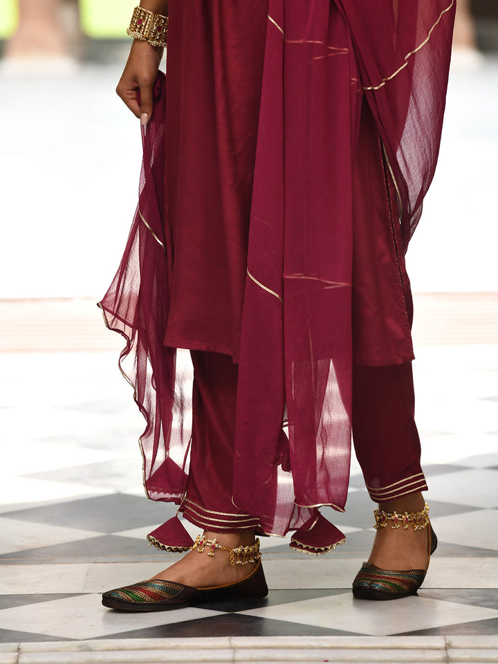 Wine Embroidered Kurta Pant  Set With Dupatta