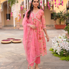 Pink Chanderi Gathered Kurta Pant Set With Dupatta