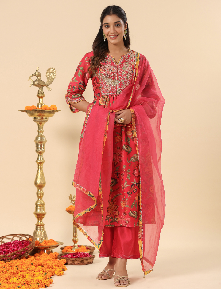 Coral Red  Embroidered Chanderi Festive Suit Set With Dupatta