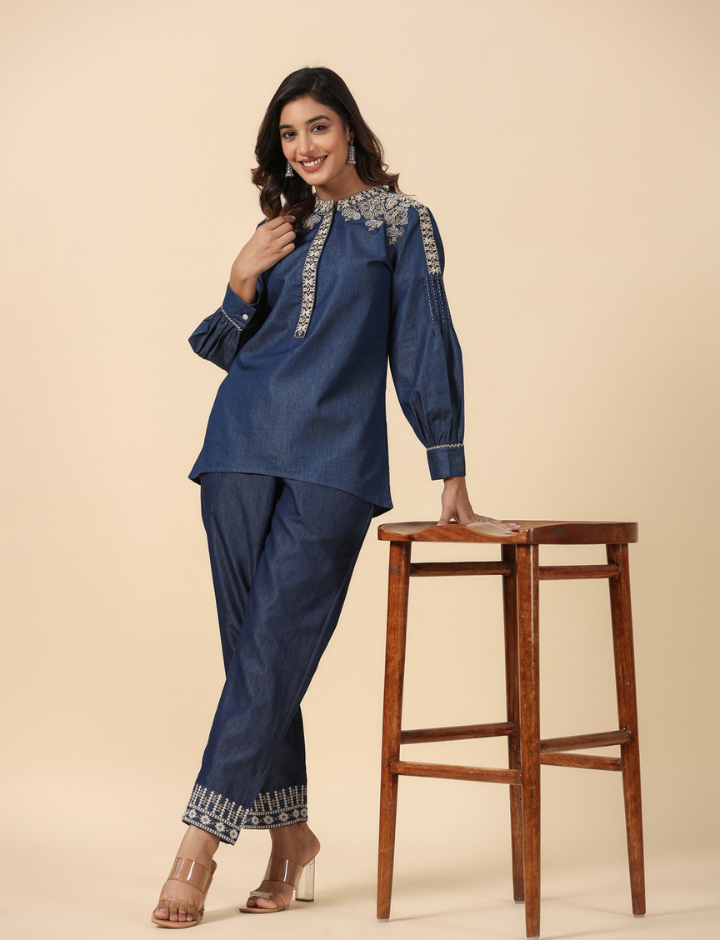 Blue Cotton Blend Solid Print Embroidery Straight Co-Ords Set