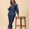 Blue Cotton Blend Solid Print Embroidery Straight Co-Ord Set