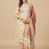 Beige Cotton Printed Embellished Kurta Pant Set With Dupatta