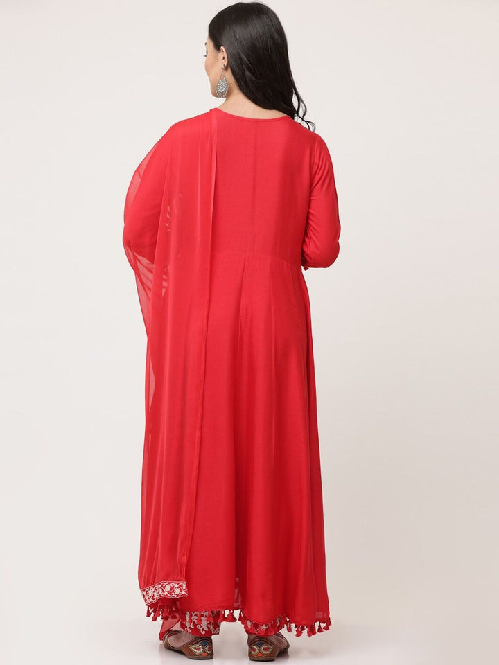 Red Embroidered Gathered Kurta Pant Dupatta Set