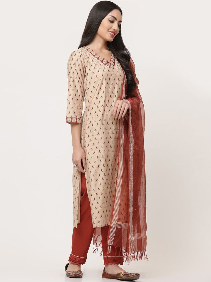 Beige And Rust Designer Kurta Pant With Dupatta Set