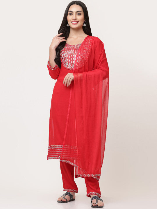 Red Embroidered Designer Kurta Pant Set With Dupatta