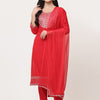 Red Embroidered Designer Kurta Pant Set With Dupatta
