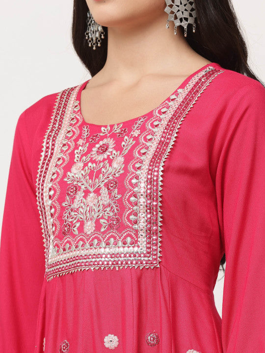 Red Gathered Kurta Pant Set With Dupatta