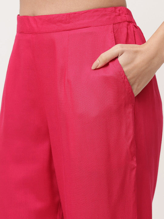 Red Embellished Gathered Kurta Pant Dupatta Set