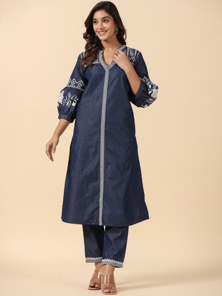 Denim Blue Embroidered Straight Pant