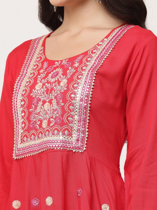 Red Embroidered Gathered Kurta Pant Set With Dupatta