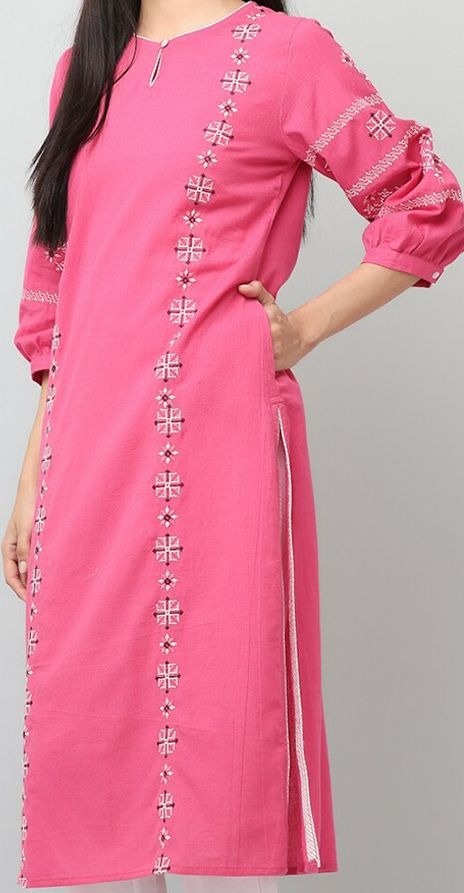 Rose Pink Cotton Embroidered Straight Kurta