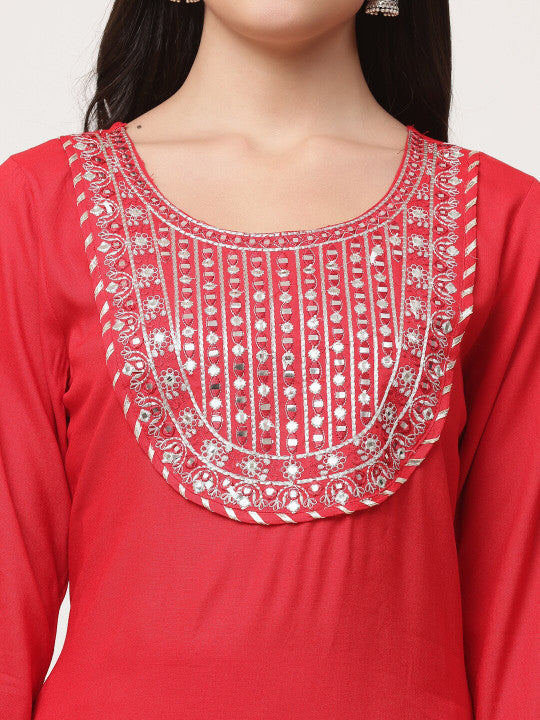 Red Embroidered Designer Kurta Pant Set With Dupatta