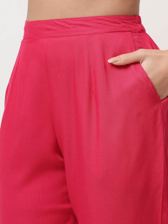 Red Gathered Kurta Pant Set With Dupatta