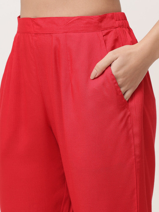 Red Embroidered Gathered Kurta Pant Set With Dupatta