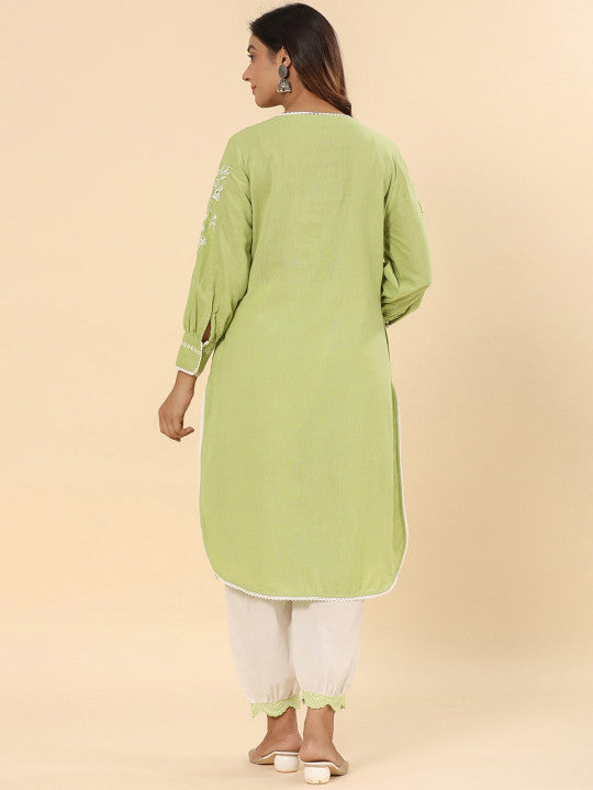 Green Cotton Schifflie Designer Kurta Pant Set