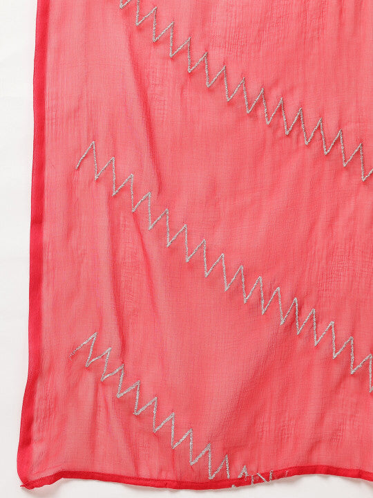 Red Embroidered Gathered Kurta Pant Set With Dupatta