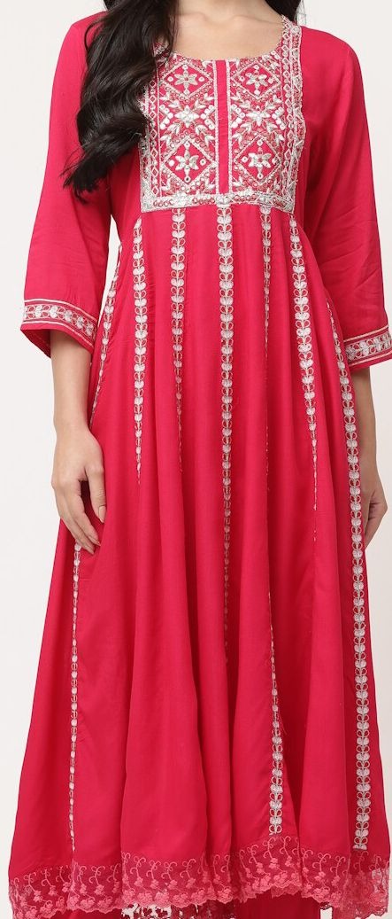 Red Embellished Gathered Kurta Pant Set With Dupatta