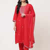 Red Embroidered Designer Kurta Pant Set With Dupatta
