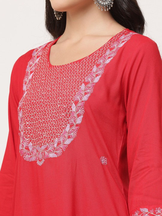 Red Embroidered Designer Kurta Pant Set With Dupatta