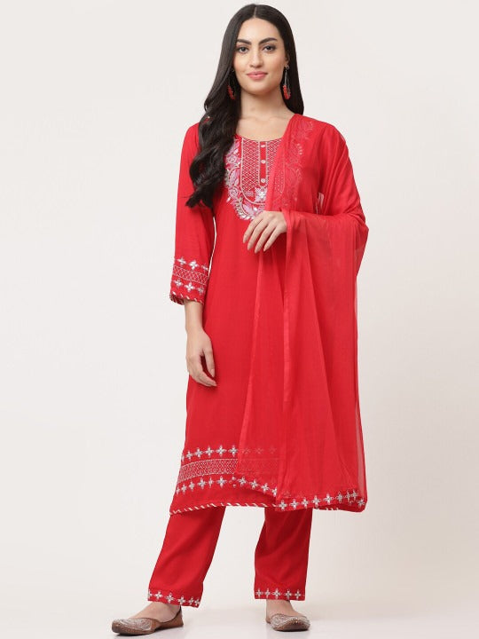Red Embellished Designer Kurta Pant Dupatta Set