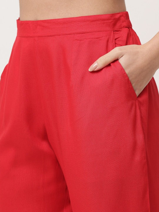 Red Embroidered Designer Kurta Pant Set With Dupatta