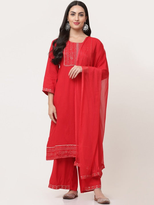 Red Embellished Designer Kurta Pant Dupatta Set