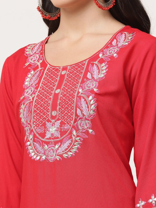 Red Embellished Designer Kurta Pant Dupatta Set