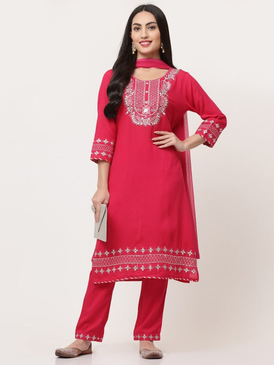 Red Embroidered Designer Kurta Pant with Dupatta Set