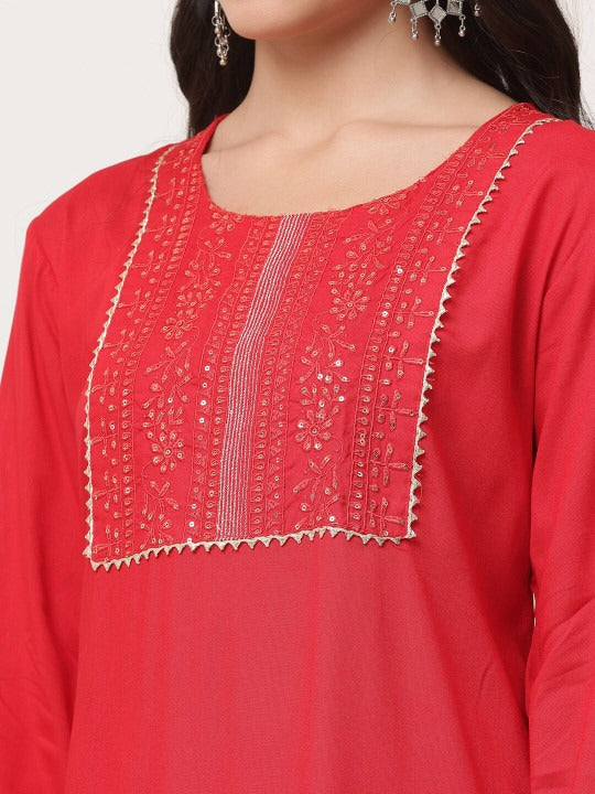 Red Embellished Designer Kurta Pant Dupatta Set