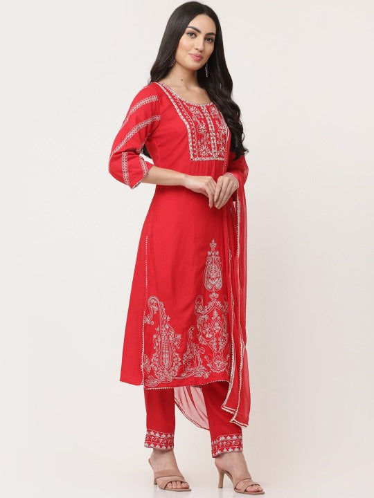 Red Embroidered Designer Kurta And Trousers Set With Dupatta