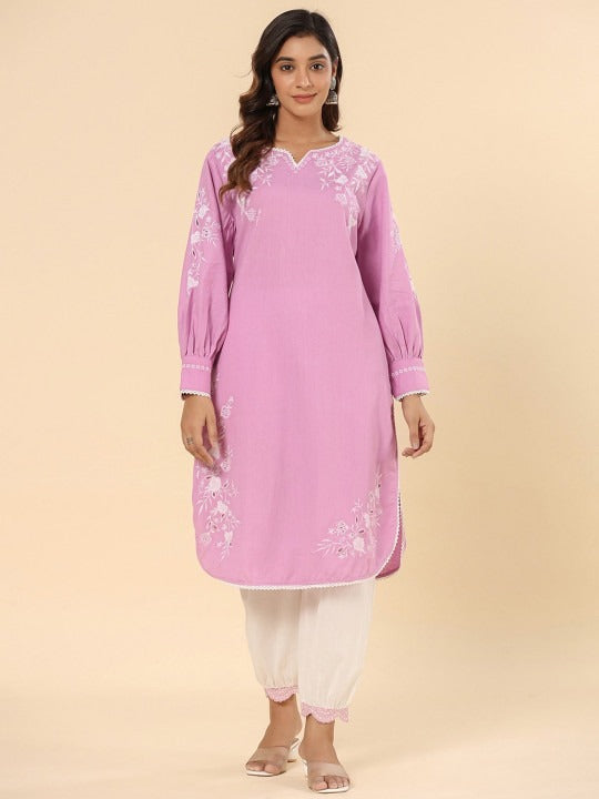 Cotton Purple Schifflie Designer Kurta Pant Set