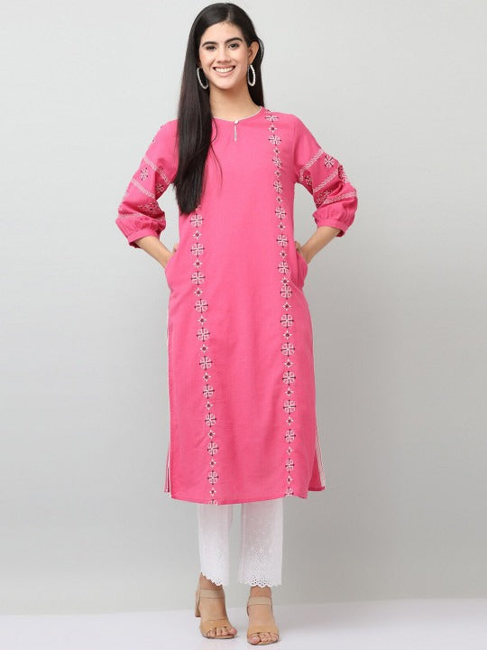 Rose Pink Cotton Embroidered Straight Kurta