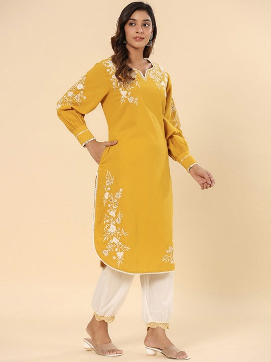 Yellow Cotton Schifflie Designer Kurta Pant Set