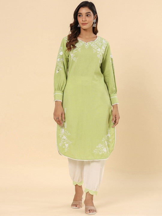 Green Cotton Schifflie Designer Kurta Pant Set