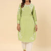 Green Cotton Schifflie Designer Kurta Pant Set