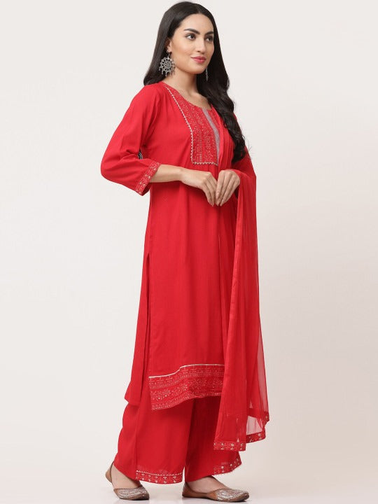 Red Embellished Designer Kurta Pant Dupatta Set