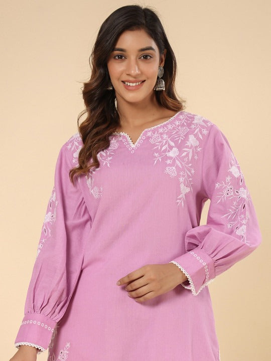 Cotton Purple Schifflie Designer Kurta Pant Set