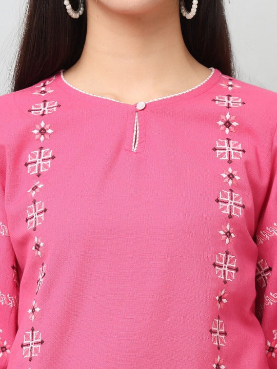 Rose Pink Cotton Embroidered Straight Kurta