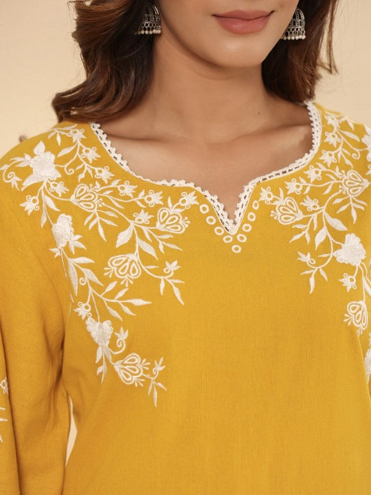 Yellow Cotton Schifflie Designer Kurta Pant Set