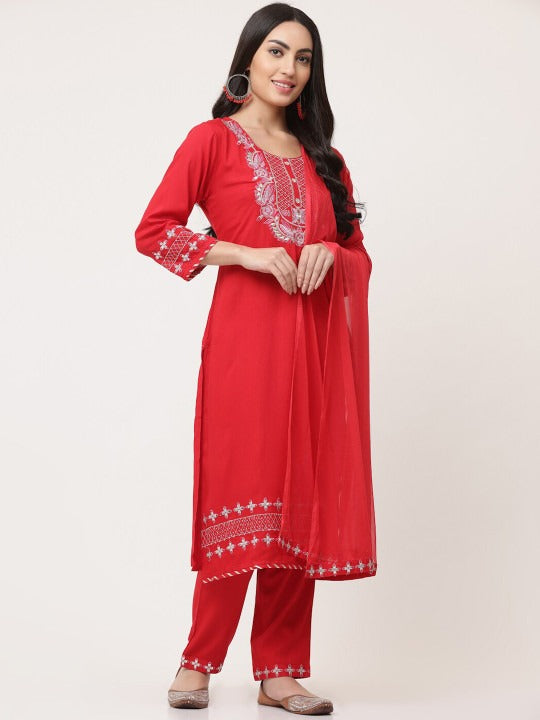 Red Embellished Designer Kurta Pant Dupatta Set