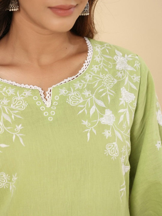 Green Cotton Schifflie Designer Kurta Pant Set