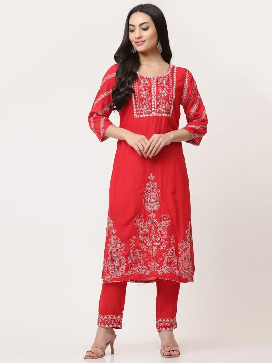 Red Embroidered Designer Kurta And Trousers Set With Dupatta