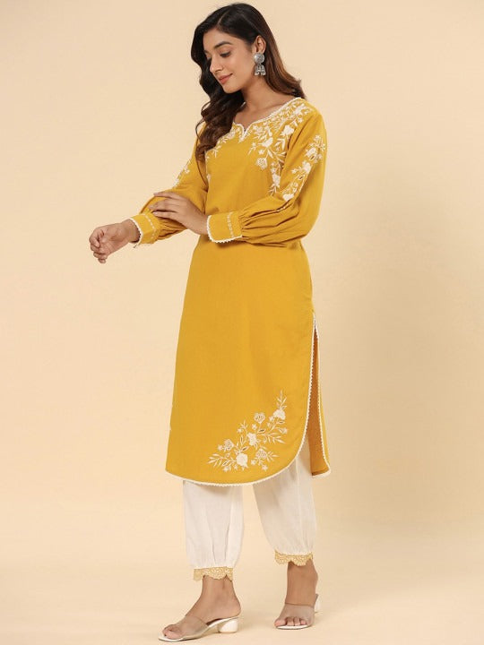 Yellow Cotton Schifflie Designer Kurta Pant Set