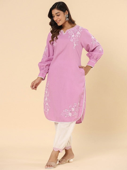 Cotton Purple Schifflie Designer Kurta Pant Set
