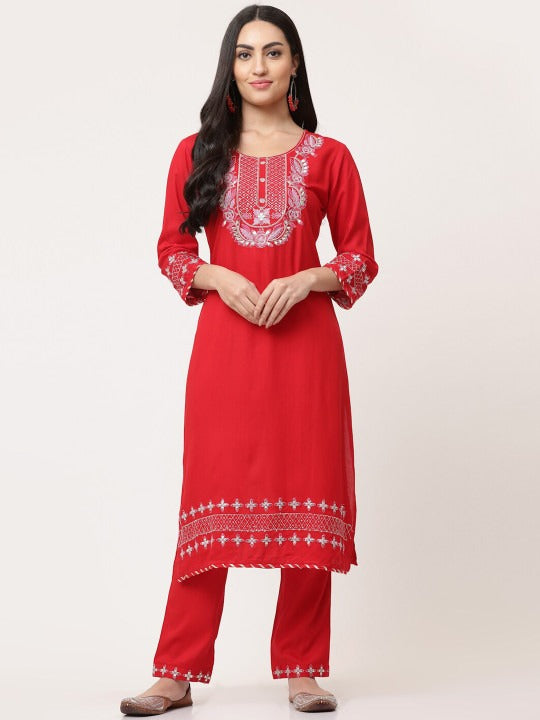 Red Embellished Designer Kurta Pant Dupatta Set