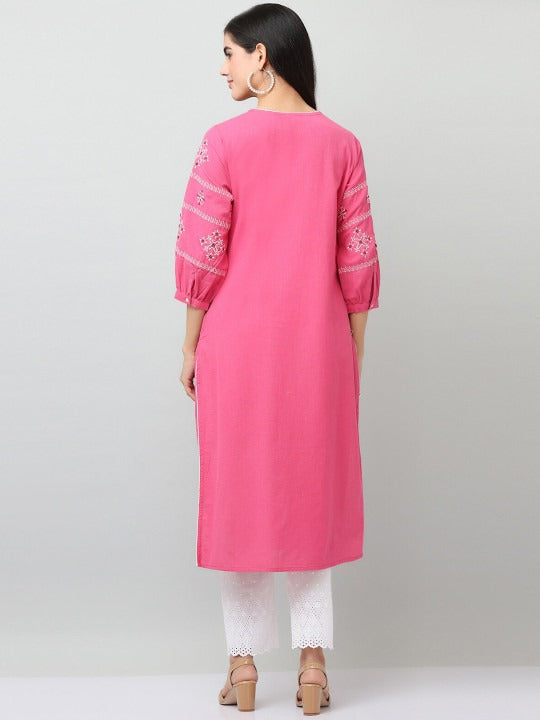 Rose Pink Cotton Embroidered Straight Kurta