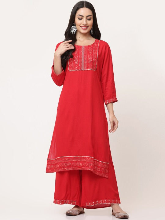 Red Embellished Designer Kurta Pant Dupatta Set